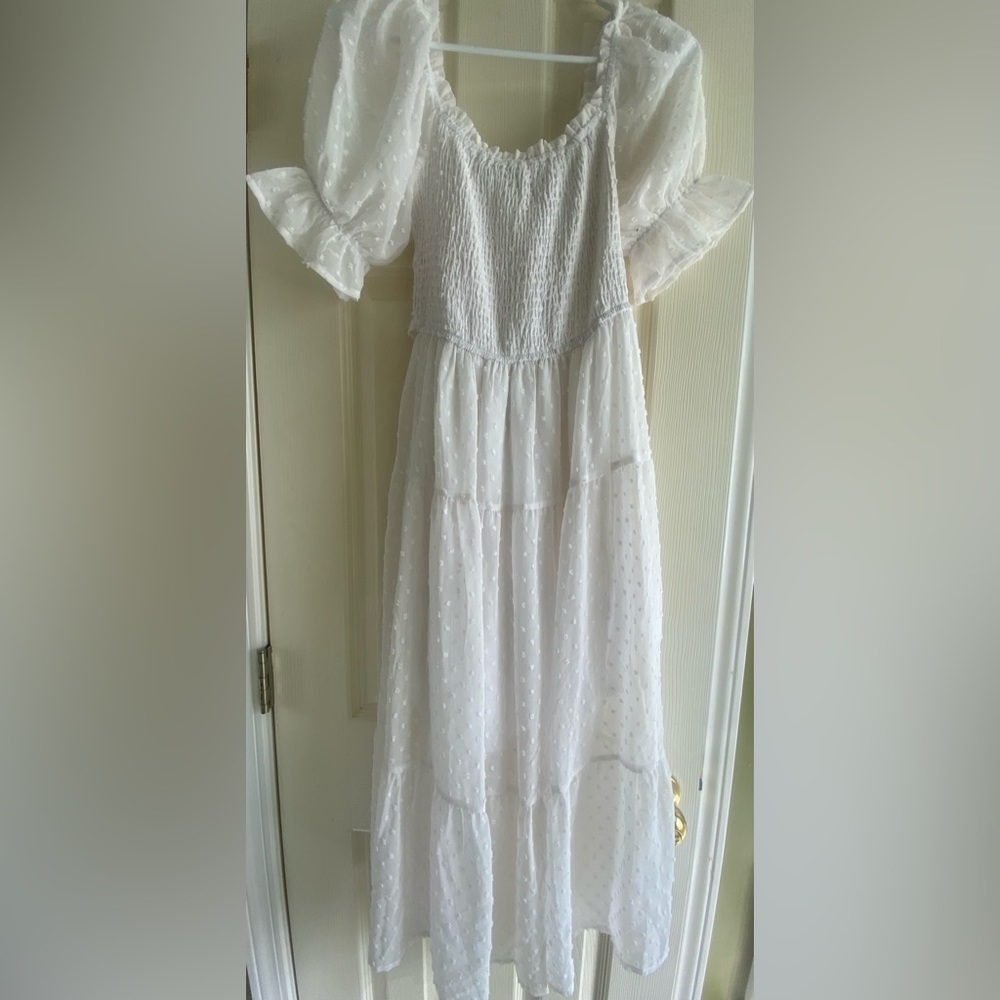 Square Neck Puff Sleeve Boho Midi Dress Swiss Dot Ruffle Flowy Tie Back Dress